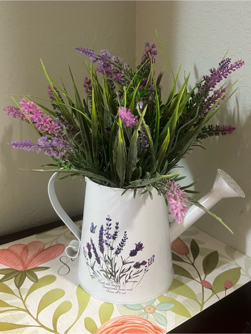White Lavender Watering Can Vase with Purple Floral Spray - Home Accents#YC